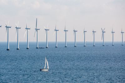 Danmark har en rekke vindmølleparker til havs. Her vindmøller i Middelgrundens Vindmøllepark i Øresund utenfor København.