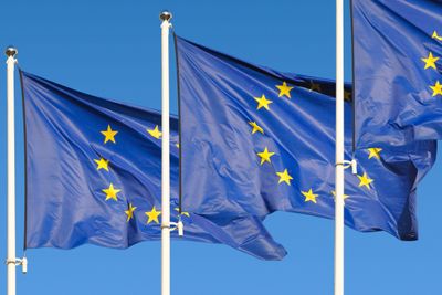 European Union Flags over sky background