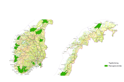 NVE har pekt ut 13 områder som er egnet for vindkraftutbygging. Områdene berører alle fylker med unntak av Oslo, Akershus, Oppland og Troms. Til tross for at mange arealer i Nord-Norge har de beste produksjonsforholdene for vindkraft, peker NVE ut flest områder i Sør-Norge.