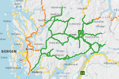 Vossekontrakten går fra fjell til fjære. Her er de fleste av veiene i kontrakten markert med grønt.