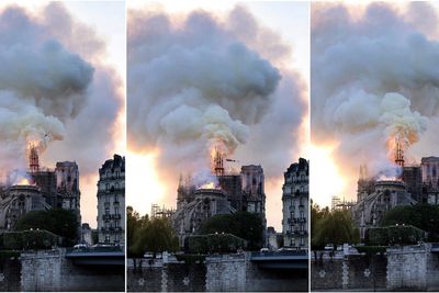 Bildeserien viser spiret på Notre-Dame-katedralen kollapse i mandagens brann.