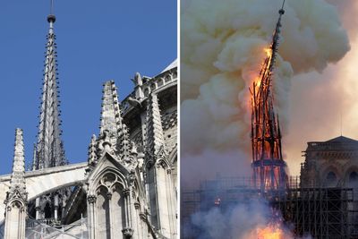 Hovedspiret på Notre-Dame, slik det var og slik det brant mandag kveld.  