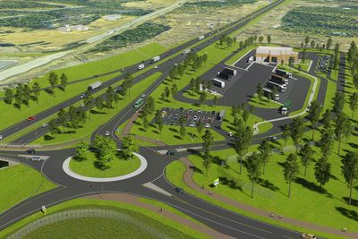 Planbildet viser hvordan ny firefelts veg og ny kontrollstasjon vil se ut ved Ånestad i Løten kommune.