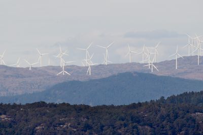 Det er til nå bygd ut 20 TWh ny fornybar energi i Sverige og 8,4 TWh i Norge. Bildet er av Midtfjellet vindpark i Fitjar kommune, sett fra Tjernagel i Sveio kommune cirka 30 kilometer unna. 