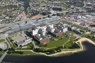 Slik vil det nye sykehuset på Brakerøya i Drammen ligge. Tomta skal heves med 3,4 meter for å sikre sykehuset mot flom.