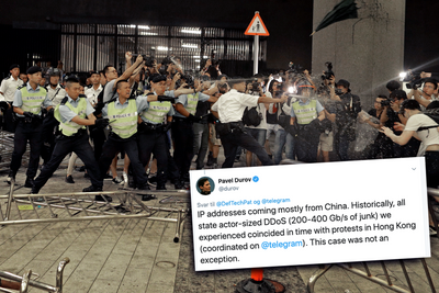 Politifolk i sammenstøt med demonstranter utenfor den lovgivende forsamlingen i Hongkong. Bildet er tatt mandag morgen. Få dager senere ble Telegram, som ble brukt til å organisere protestene, utsatt for et DDoS-angrep fra Kina. 