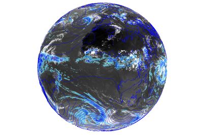 Verdensværet: Bildet med jordkloden viser varsel fra ECMWF sin høyoppløste modell i 9 kilometer oppløsning. Her er det plottet 3 timers akkumulert nedbør og lufttrykk ved havnivå.