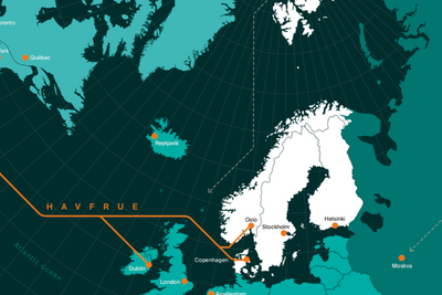 Slik tegner Bulk Infrastructure Havfrue-kabelen, i et litt forenklet bilde. Kabelen lander nær Kristiansand og har forbindelser derfra til Oslo. I Danmark lander den ved Esbjerg med forbindelser videre til København.