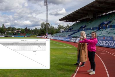 Thea Mork Kummen og Camillia Torp fra Bærum Kommune viser hvor gropvarmelageret kan bygges. Dette er Nadderud stadion slik anlegget er i dag. Innfelt er Rambølls figur av gropvarmelageret.
