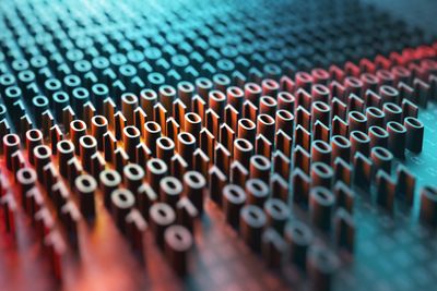 3d illustration of a laser scanner on a binary code embossed. Nuller og ettall. Binærkode.