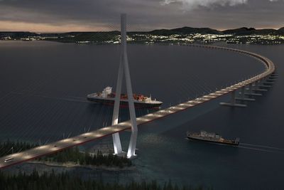Bildet viser den planlagte brua på E39 over Bjørnafjorden. Den ligger nord for Langenuen hvor regjeringen nå har bestemt seg for plasseringen av brua som skal krysse fjorden.