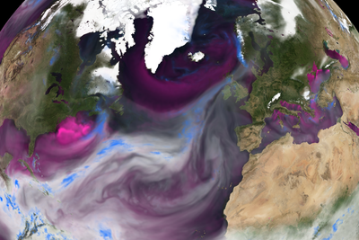 Illustrasjonen viser transport av varm og fuktig luft fra Karibien mot våre områder. Hvit farge angir mengde fuktighet i atmosfæren; blå farge viser store nedbørsmengder. Dette kartet viser atmosfæren under flommen på Vestlandet i oktober 2014, med store mengder nedbør langs Norgeskysten sør for Lofoten. 