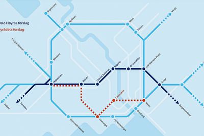 Oslo Høyres forslag om å legge den nye T-banetunnelen lenger nord, vil redusere muligheten for at traseen vil komme i berøring med problematsik alunskiver. NB: Grafikken er ikke en geografisk gjengivelse av t-banen. 