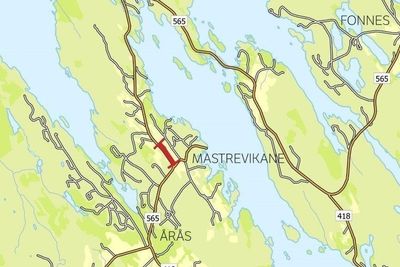 Langs fylkesvei 565 i Austrheim skal det bygges gang- og sykkelvei (merket med rødt).