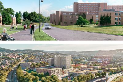 To prosjekteringsbilder fra planleggingen av hovedstadens nye sykehus, Gaustad regionsykehus (øverst) ved Rikshospitalet og Aker akuttsykehus ved Sinsen-krysset.