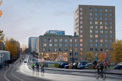 De nye studentboligene i Blindernveien 6 skal bygges i fem etasjer ut mot veien, og 12 etasjer i bakkant. 