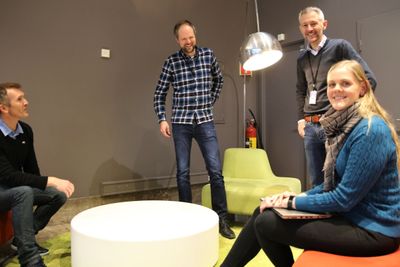 Utviklere i Sparebank1. Fra venstre: Vidar Moe, Stian Conradsen,  Kristoffer Berg og Ida Christine Krokeide. 