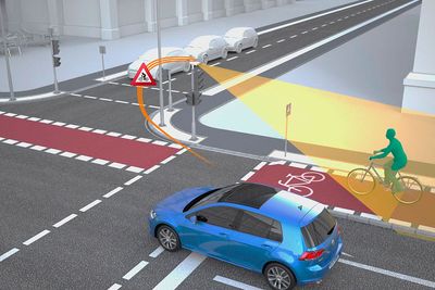 Slik forklarer VW hvordan V2X vil fungere i et lyskryss. Trafikklyset har en radar som gjenkjenner syklister og fotgjengere, og varsler bilisten om at det er fare på ferde. 