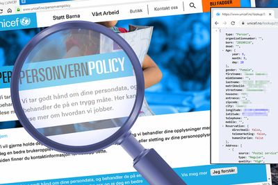 Personopplysninger om store deler av befolkningen, ikke deres egne kunder, lå fritt tilgjengelig fra nettsidene til Unicef Norge. Det inkluderer data om barn, voksne og virksomheter. Innfelt ser vi oppføringen til en vilkårlig 9-åring, som vi har valgt å sladde. Hjelpeorganisasjonen er ikke alene om å benytte såkalte nummeropplysningsdatabaser.