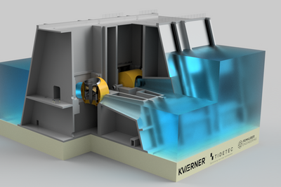  Denne illustrasjonen viser hvordan Tidetec sin dreibare turbinløsning kan monteres i et tidevannskraftverk.