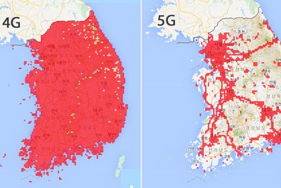 Dekningskart over 4G og 5G fra operatøren KT. Bildet til høyre viser operatørens foreløpige 40.000 steder med 5G-dekning. 4G-dekningen i landet er også verdens beste i sitt slag.