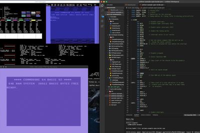 Her har vi satt opp et utviklingsmiljø for 6510-programmering for Commodore 64 på en Mac. Vi bruker KickAss-tillegget til VS Code, en Vice Commodore 64-emulator (nederst til venstre), samt 64 debugger (øverst til venstre).