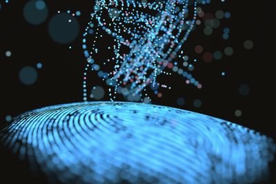 3D illustration. Genetic code DNA coming out of the fingerprint.