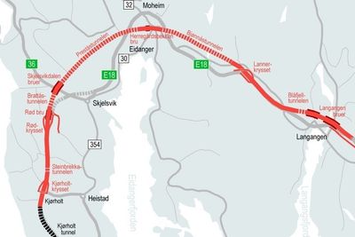 E18-traseen mellom Langangen og Kjørholt.  Kryssene man har blitt enige om, er helt til venstre i kartet.