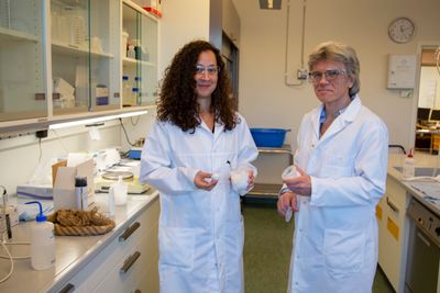 Rebecca Blell (t.v.) forsker på cellulosefiber på Borregaard i Sarpsborg. Her står hun sammen med forskningssjef Kristin Misund.