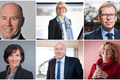 Øverst fra venstre: Tor W. Andreassen, professor ved Norges handelshøyskole
, Cecilie B. Heuch, Norgessjef i Microsoft, Håkon Haugli i Innovasjon Norge, Kjell Rusti, adm. dir. I Soprasteria i Norge, Utenlandssjef Berit Svendsen i Vipps.