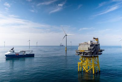 Equinors Dudgeon Offshore Wind Farm vindmølleanlegg  ved kysten av Norfolk. 