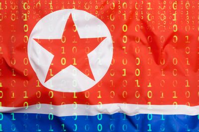 Data protection, binary code with North Korea flag