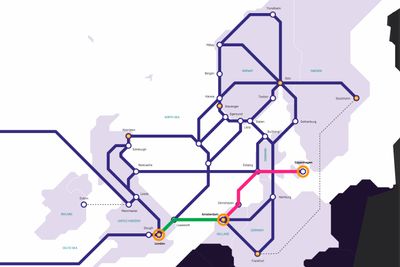 Tampnets kart over kabler i nordsjøen, med de relativt ferske forbindelsene til Amsterdam og London markert i rødt og grønt.