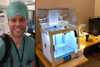 Vil lage og dele oppskrift for personlig smittevernutstyr: Ahus-lege Max Temmesfeld og 3D-laben han vil bruke til å lage smittevernutstyret.