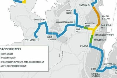 Kartet viser strekningene av Bussveien på nord-Jæren.
