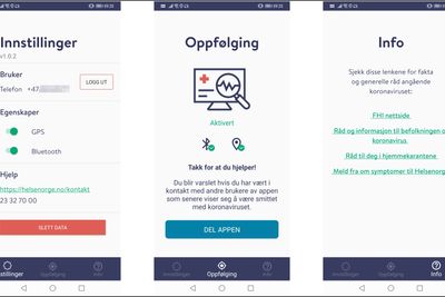 Smittestopp-appen har tre enkle skjermbilder og er først og fremst ment å kjøre uforstyrret i bakgrunnen.