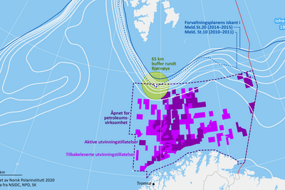 Kartet Norsk polarinstitutt har laget, viser tydelig hvor store eller små områder for olje- og gassvirksomheten som blir påvirket, hvis iskanten blir definert sørover.