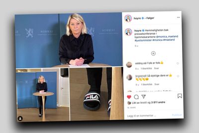 Høyre bruker humor under krisetiden på partiets instagramkonto, der justisminister Monica Mæland er avbildet med tøfler under en pressebriefing om COVID19.