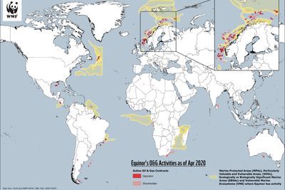 Kartet viser aktive kontrakter hvor Equinor er oppført som operatør eller partner eller der selskapet har aktive og planlagte olje- og gassbrønner i april 2020. Datasettet inneholder ikke alle prosjekter Equinor er involvert i, for eksempel har ikke WWF data på alt i USA og Russland. De gule feltene angir sårbare områder.