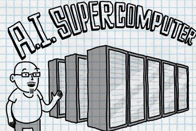 Tegning av Microsofts nye AI-superdatamaskin. Trolig er det Microsofts CTO, Kevin Scott, som er avbildet ved siden av den.