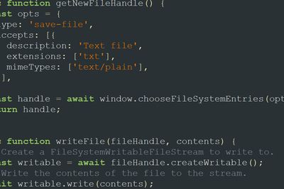 Utdrag av eksempelkode for hvordan Native File System API kan tas i bruk.