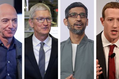 De fire mektige topplederne Jeff Bezos (Amazon), Tim Cook (Apple), Sundar Pichai (Google) og Mark Zuckerberg (Facebook) skal forklare seg for Kongressen onsdag.