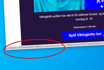Også e-post sendt av Norsk Tipping til kunder den 22. september 2020 inneholder flere lenker med kryptiske nettadresser. Her holder vi muspekere over knappen med teksten «Spill Vikinglotto her». For en bruker er det umulig å vite hvor nettadressen peker.
