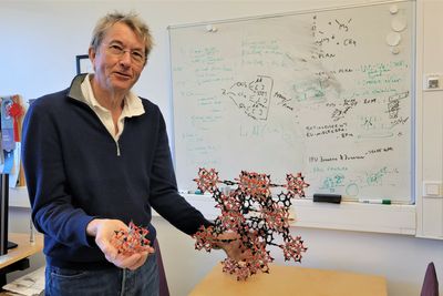 Professor Karl Petter Lillerud viser fram en modell av den litiumseparerende MOF-en som han har bygget selv i kjemikernes variant av Lego. 