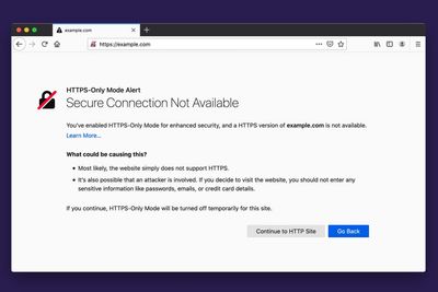 Feilmelding i Firefox 83 som vises når HTTPS-Only Mode er aktivert og nettstedet brukeren besøker ikke er tilgjengelig via HTTPS.