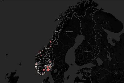 Kartet fra Tutela Technologies viser de norske dekningshullene. Hver prikk gjenspeiler et geografisk område på 150 x 150 m, hvor smarttelefonbrukere fysisk har befunnet seg og ikke hatt forbindelse til noen av mobilnettene. Størrelsen på prikken indikerer trafikken – altså hvor mange som har opplevd mangel på dekning. Fargen på prikken er et uttrykk for om signalmangelen er innendørs (rød) eller utendørs (hvit).