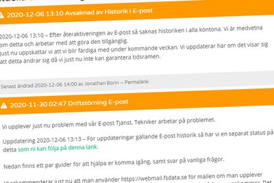 Statusmeldinger hos FS Data etter at eposttjenesten til selskapet krasjet 30. november 2020.
