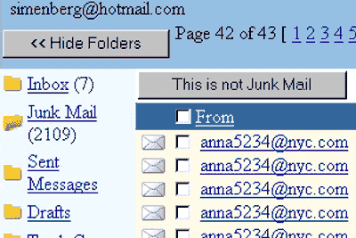 Hotmail-innboks med SPAM.