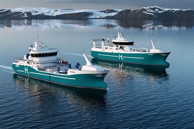 Slik ser skipsdesignselskapet Skipskompetanse for seg en fiskebåt og en brønnbåt med hydrogen som energiløsning. Illustrasjonen er en del av prosjektene HyFishery og HyAqua.