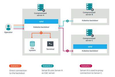 Tre scenarioer for hvordan Kobalos-skadevaren kan benyttes. Utnyttelse av OpenSSH-programvaren er sentralt i det hele.